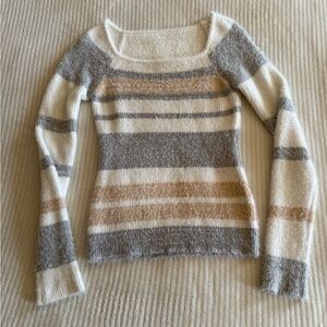 Striped Gray and Tan Women's Fuzzy Sweater